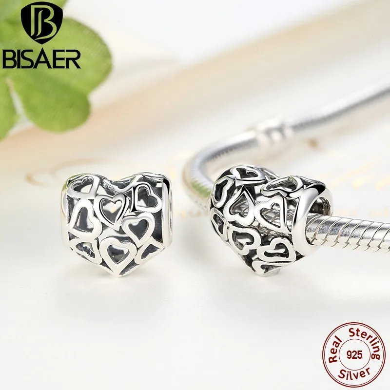 

925 Sterling Silver Heart Beads Fit Original BISAER Charms Bracelets Necklace Women Engagement Accessories ECC024