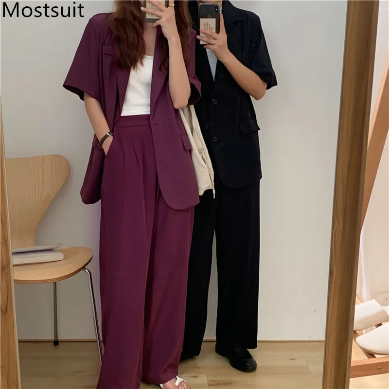 

2022 Summer Office Blazer Pants Suits Women Short Sleeve Blazer + Wide Leg Pants Sets Casual Fashion Korean Blazer Pants Suits