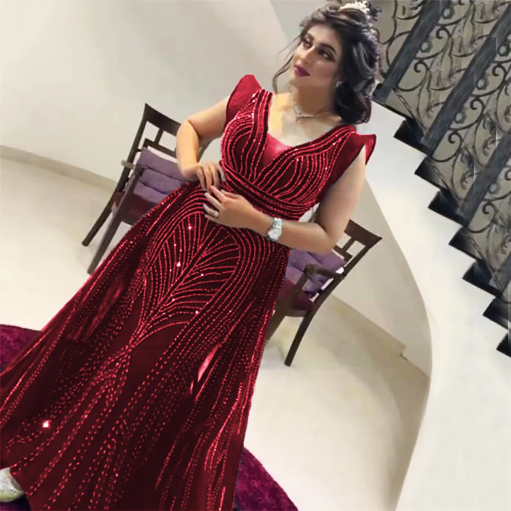 

Luxury Dubai Evening Night Dress 2021 V-Neck Cap Sleeves Mermaid Velvet Crystal Handmade Long Formal Wedding Prom Party Gowns