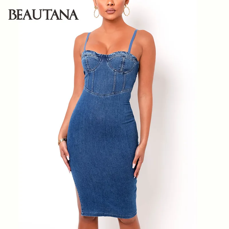 

BEAUTANA из джинсовой ткани платье на бретельках для девочек, 2021 летние по колено однотонные спагетти ремень груди упаковочная Vestidos сексуально...