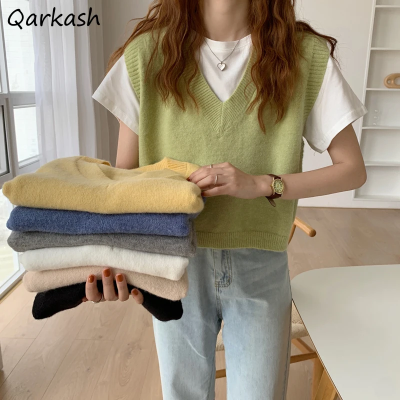 

Sweater Vests Womens Autumn Candy Colors Vintage V-neck Crop Tops Leisure Students Simple All-match Comfort Fashionable Ulzzang