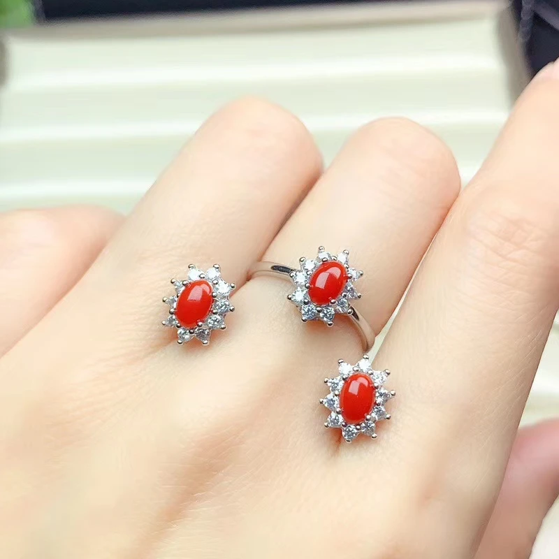 

100% Real Red Coral Ring and Pendant Set Classic 925 Silver Red Coral Jewelry Set Fashion Precious Coral Silver Jewelry Set