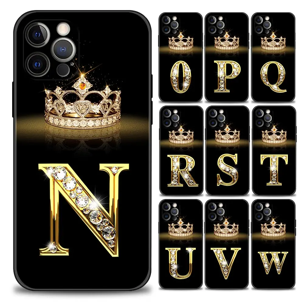 

Diamond Crown Letter N-Z Phone Case for iPhone 11 12 13 Pro Max 7 8 SE XR XS Max 5 5s 6 6s Plus Black Soft Silicon Cover