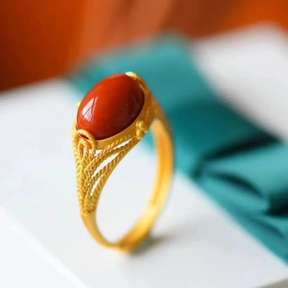 

S925 Sterling Silver Gold Plated Natural South Red Ring Agate Oval Palace Style Personality Finger Ring Ornament Female