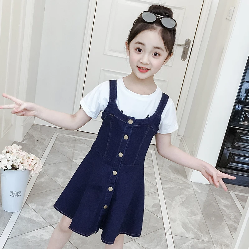 Джинсовое платье для девочек комплект из 2 предметов футболка и джинсы 3 4 5 6 8 10 12