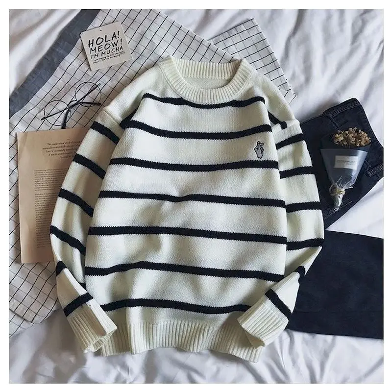 

Fonekie Casual Fashion Striped Crewneck Sweaters Men Autumn Winter Loose College Knit Sweater Korean Student Trend Mens Clothes