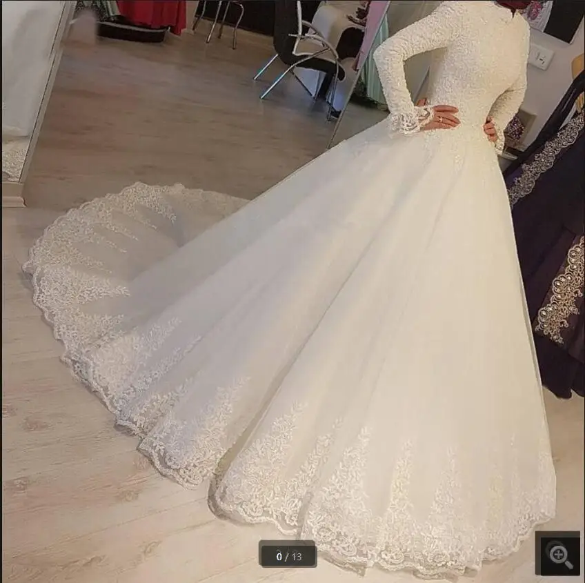 

Свадебное платье из тюля, с высоким воротником и длинными рукавами, с аппликацией из бисера, 2021