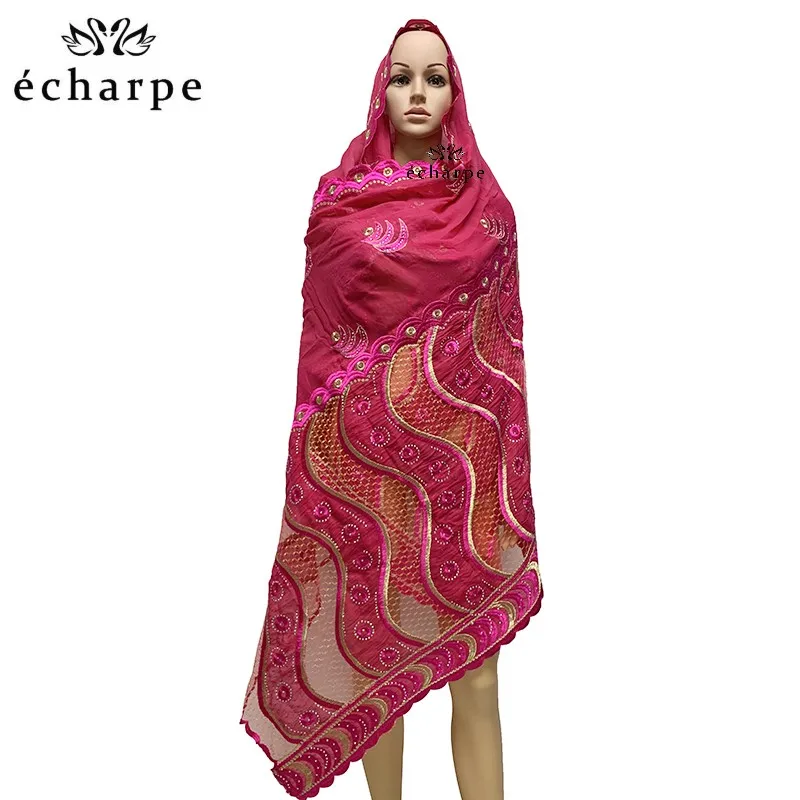 

2020 New High Quality African Women Scarfs 100% Cotton Embroidery with net double design Big Size Hijab Scarf for Shawls EC203