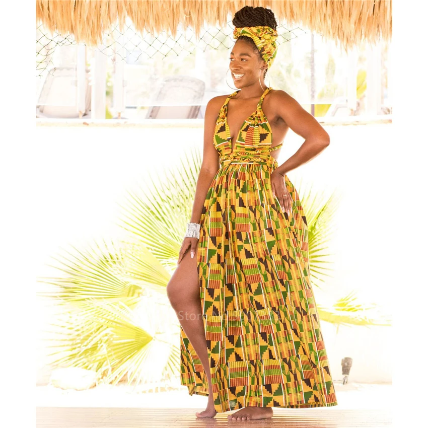 

African Clothes 2020 Robe Africaine Fashion Long Dress Split African Dresses for Women Dashiki Print DIY Bandage Sleeveless