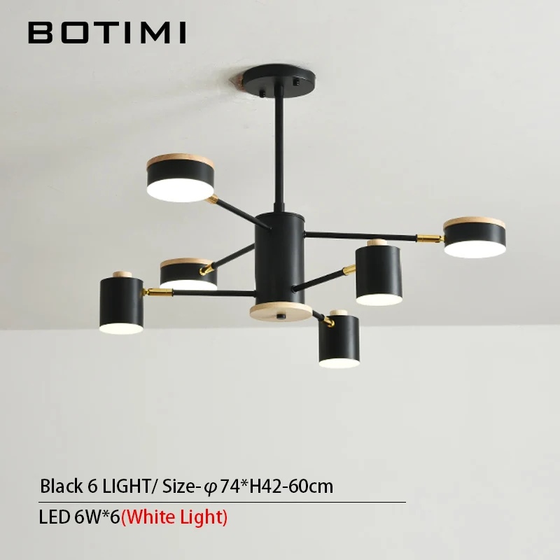 6 Light in Black BOTIMI 220 В светодиодный Люстра с металлическими абажурами для гостиной, деревянная Подвесная лампа для спальни, белый блеск 220 В, декоративные люстры - Цвет абажура: 6 Light in Black