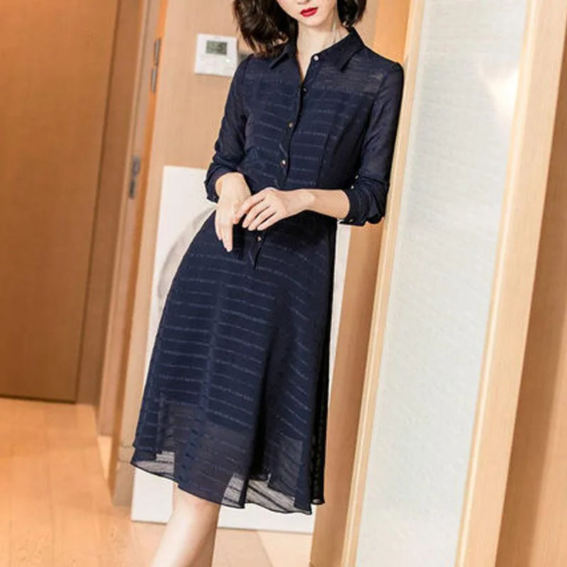 Элегантные женские полосатые платья на пуговицах повседневные с длинным рукавом