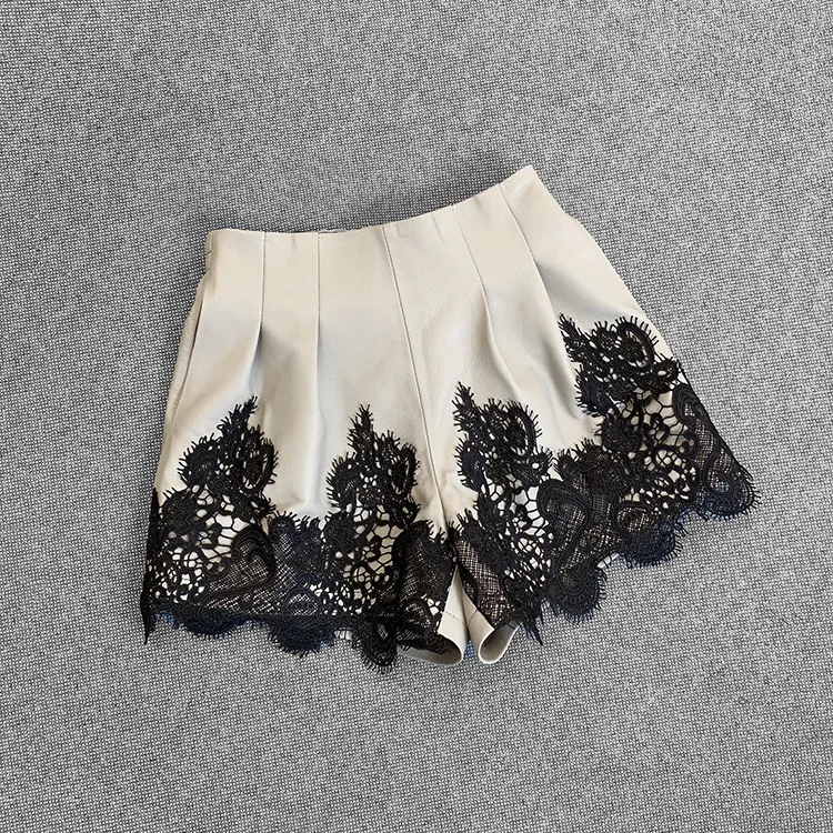 Spring Autumn 2021 fashion women's lace genuine leather shorts B783