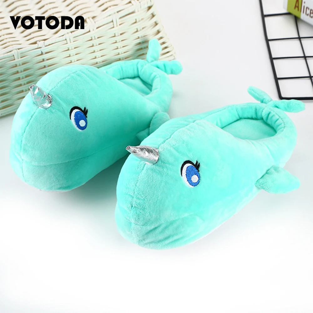 

Сланцы для мужчин и женщин, зимние плюшевые шлепанцы с мультяшным рисунком, пушистый КИТ, смешные домашние тапочки унисекс, Нескользящие, хл...