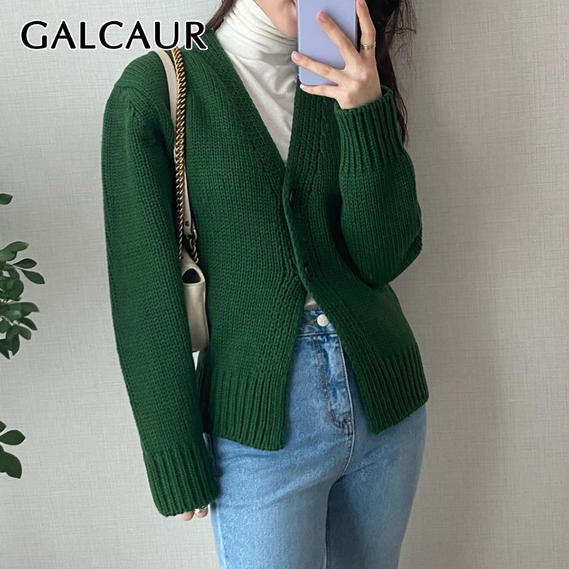 

Женский однобортный вязаный кардиган GALCAUR, модный зеленый свитер в Корейском стиле с V-образным вырезом и длинным рукавом, осенняя одежда, 2021