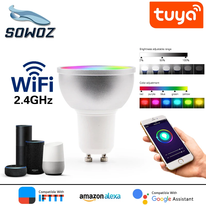 WiFi умная Светодиодная лампа LED светильник GU10 MR16 5W 9W RGB Поддержка Alexa / Google крытый