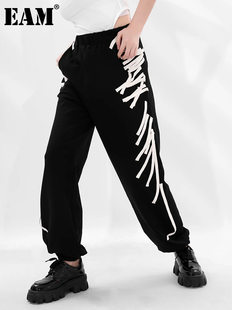 

[EAM] High Elastic Waist Ribbons Long Wide Leg White Trousers New Loose Fit Pants Women Fashion Spring Autumn 2021 1DD060601
