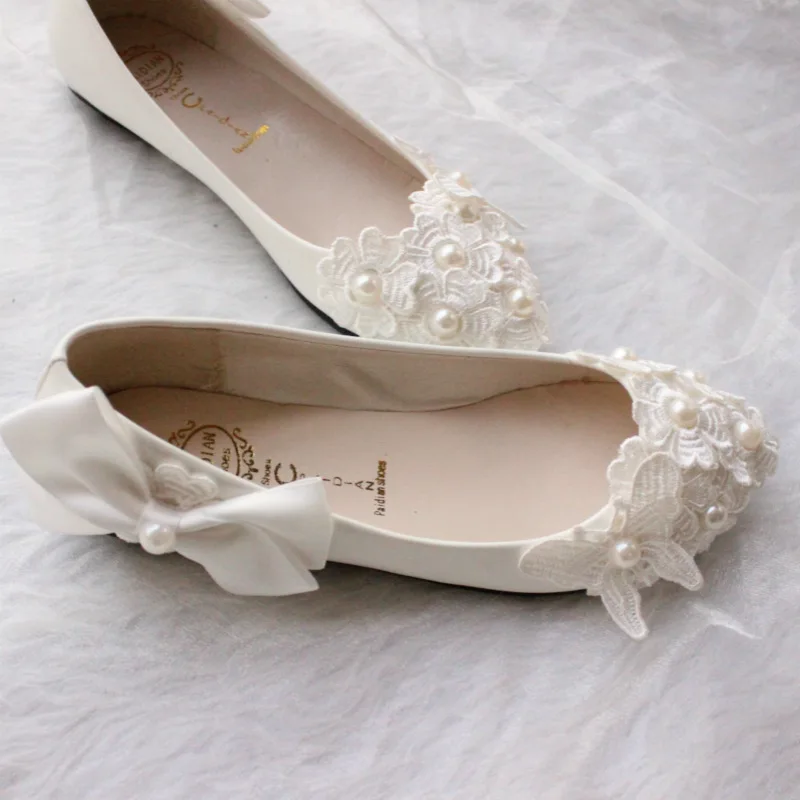 BaoYaFang White bow flat Bridesmaid shoes pearl handmade flower wedding dress women shoes Bridal Photo matching shoes