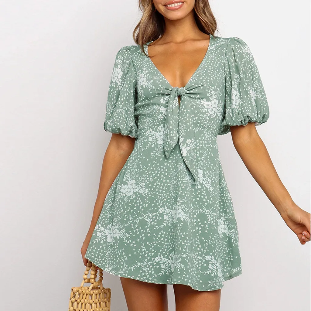 

Женское платье Леди Мода платье с галстуком-бабочкой, с пышными рукавами, v-образный вырез, с цветами, платье с принтом для девочек богемное п...