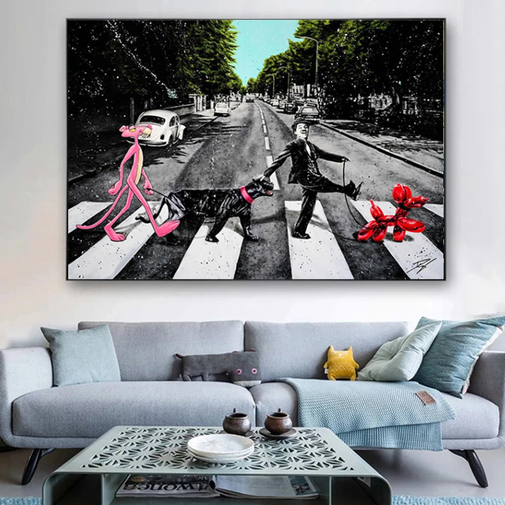 

Graffiti Art Pink Panther Dog People Walking On The Street Canvas Posters Home Decor Wall Art Modern Home Decorative Paintings