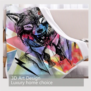 BlessLiving Wolf Blankets For Beds Watercolor Plush Blanket Hipster Animal Fashion Furry Blanket Geometric Colorful couverture 3