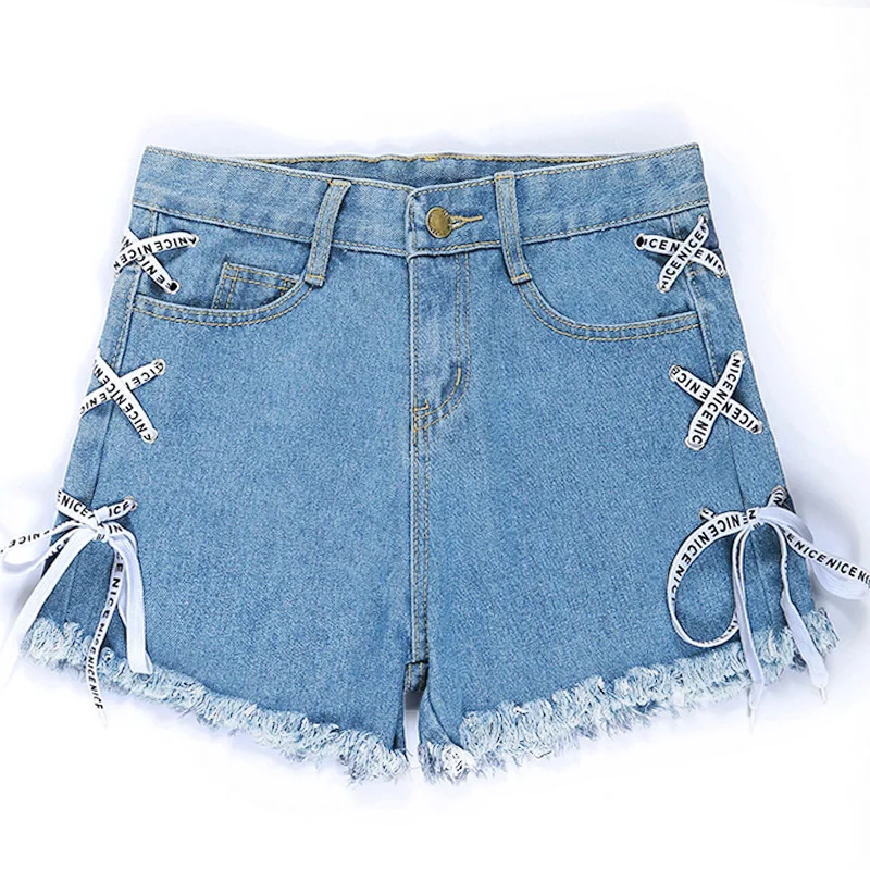 

Ailegogo New Summer Women Blue Bandage Hole Denim Shorts Casual Female High Waist Tassel Solid Color Jeans Shorts