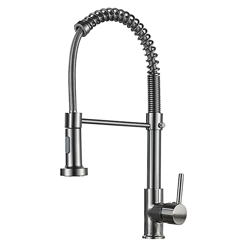 

Brushed Brass Nickel Hot and Cold Kitchen Sink Faucets 360 Rotation Single Lever Pull Out Spring Spout Water Mixers Tap Crane