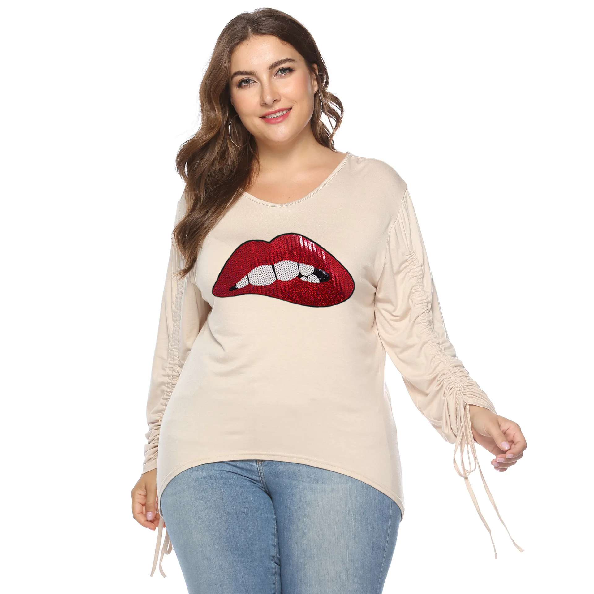 

COIGARSAM 3XL Plus Size Women Shirts Embroidery Sequins V-Neck Mouth Print Apricot Dark Grey Blouse Shirt