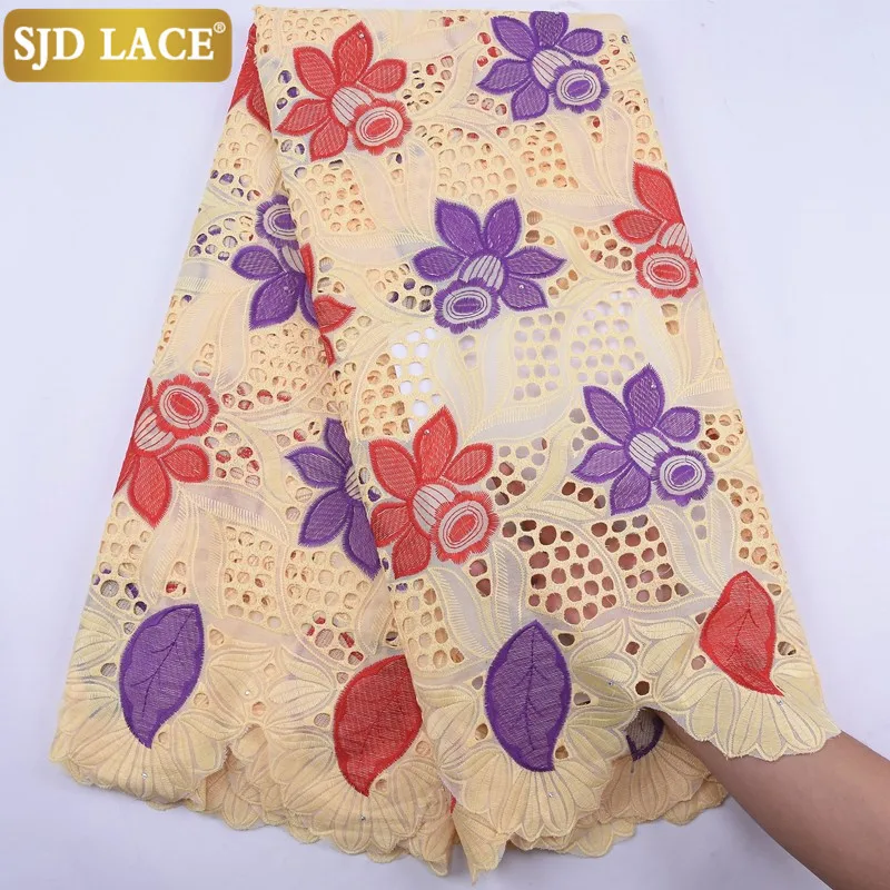 

SJD LACE African Cotton Lace Fabric Heavy Stones Swiss Voile Lace In Switzerland Popular 5Yards Dubai Style Wedding Dress A1965