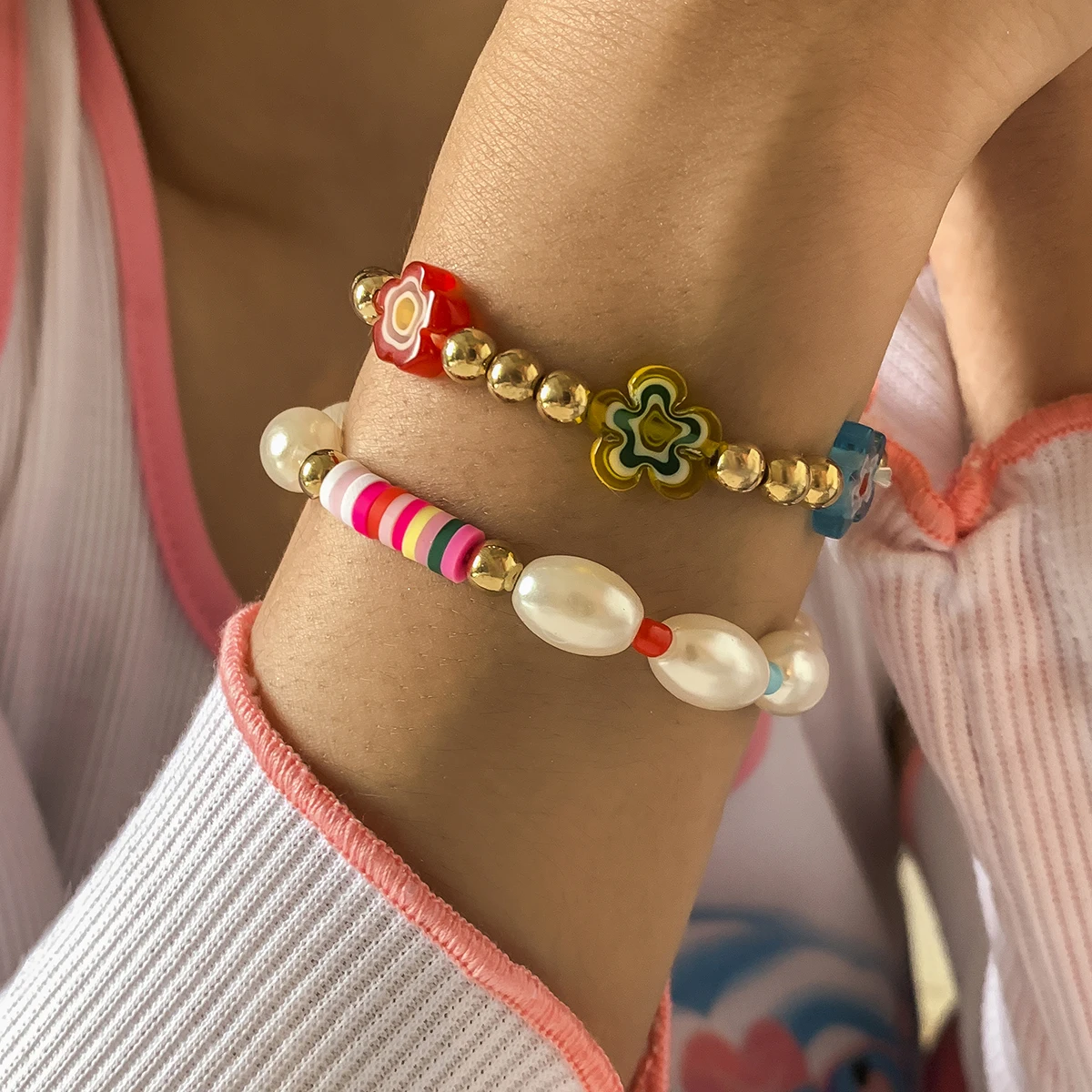 

IngeSight.Z 2Pcs/Set Boho Rainbow Colorful Flower Bracelets Bangles Charm Baroque Imitation Pearl Chain Couple Bracelets Jewelry