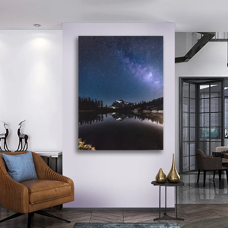 

Wall Art Summer Starry Canvas Painting HD Print Mountain Reflection Pictures Home Decor For Bedroom Modular Natural Scene Poster
