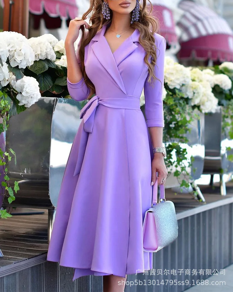 

2021 Fashion New Belt Purple Dress for Women Office Lady Turn-down Collar Mid-Calf Dresses Women Donsignet