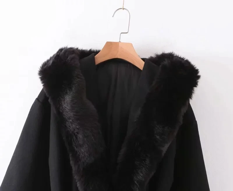 winter long za coat women england style vintage Wool collar splicing hooded oversize sashes thick woolen overcoat women