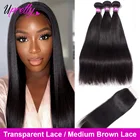 Upretty бразильские Прямые пряди с закрытием HD прозрачное кружевное закрытие с пряди человеческих волос Плетение 3 пряди с закрытием