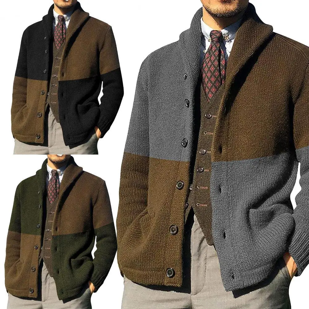 

Men Sweater Coat Temperament Color Block Lapel Sweater Coat Contrast Color Warm Men Coat
