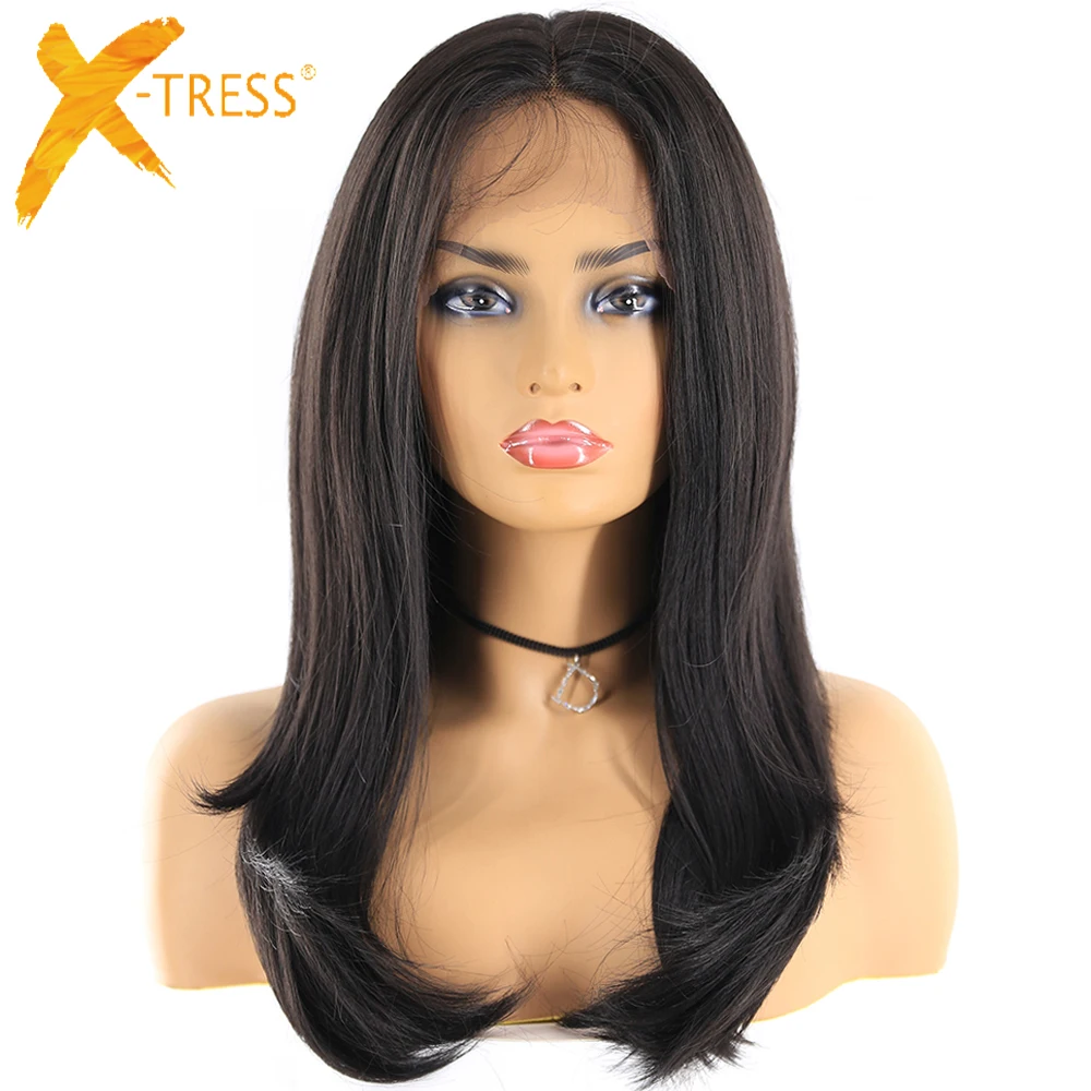 Натуральный черный Цвет 13x4 кружево парики для Для женщин X-TRESS длинные прямые Синтетические волосы на кружеве синтетические волосы парик Средний/ часть с детскими волосами