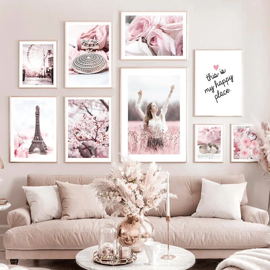 

Pink Flower Rose Girl Ring Bike Paris Tower Nordic Poster And Prints Wall Art Canvas Painting Wall Picture For Living Room Decor