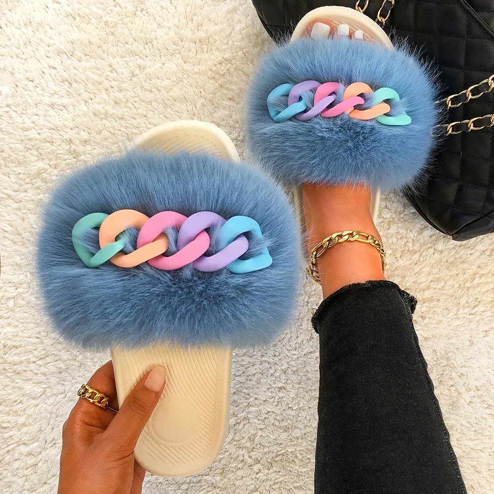

Fur Slippers Fluffy Flip Flops Furry Slides Color Chain Faux Fur Slippers For Women Sandals Summer 2021 Female Indoor Flat Shoes