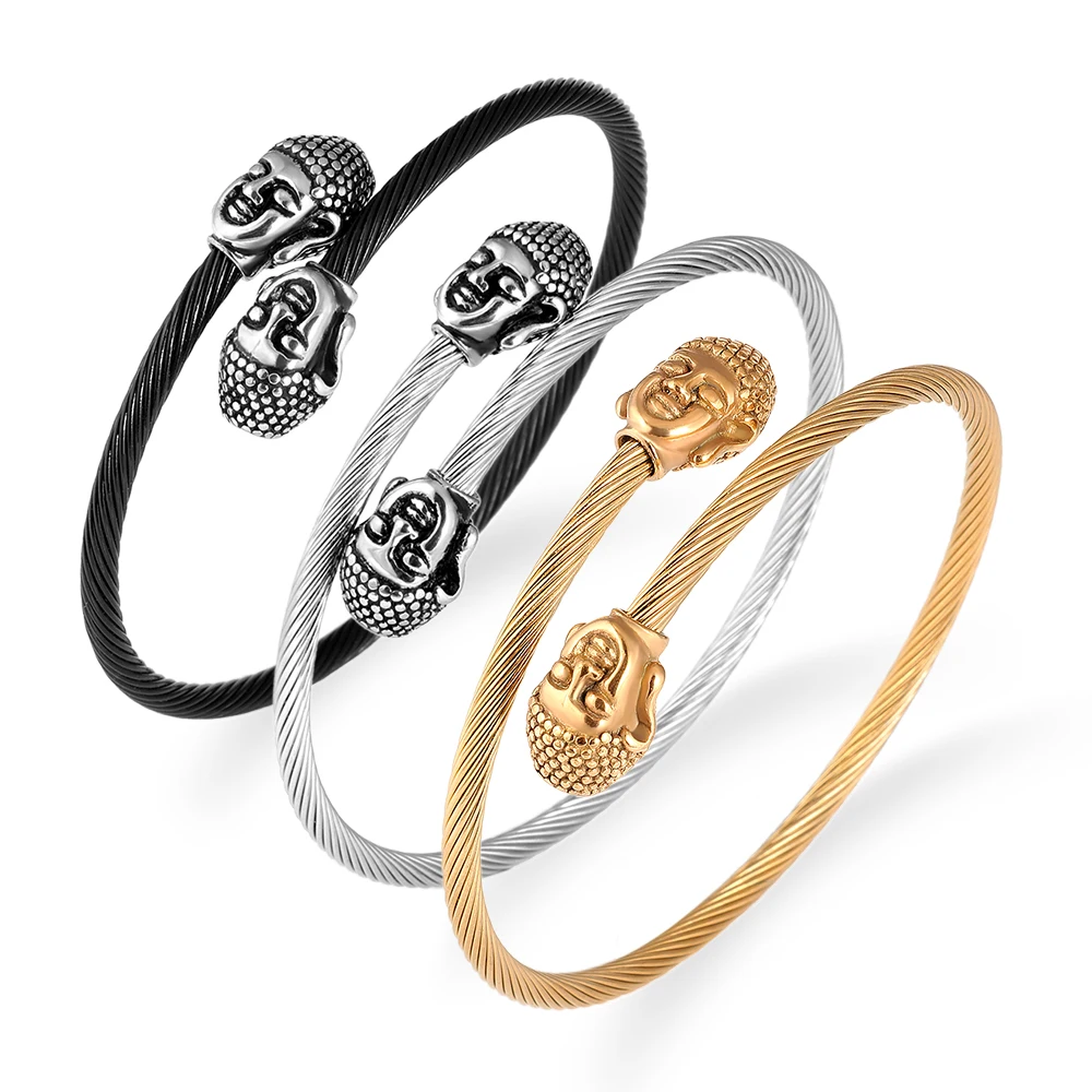 

Hot Fashion Punk Cable Bracelets Jewelry Gold Black Silver Stainless Steel Religeous Character Clasp Twisted Wire Cuff Bracelets