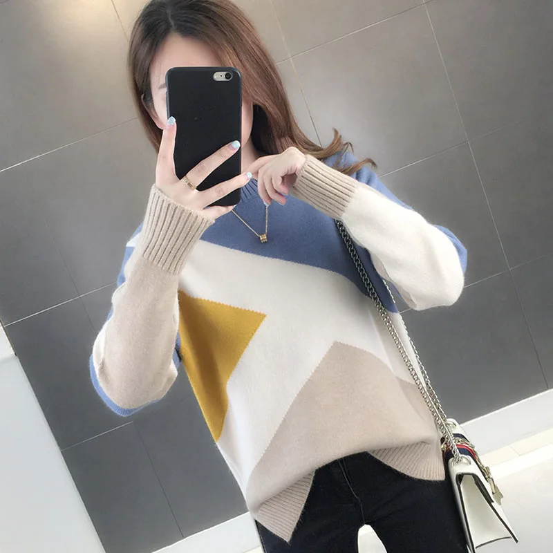 Вязаный женский зимний свитер с длинным рукавом и круглым вырезом Женский