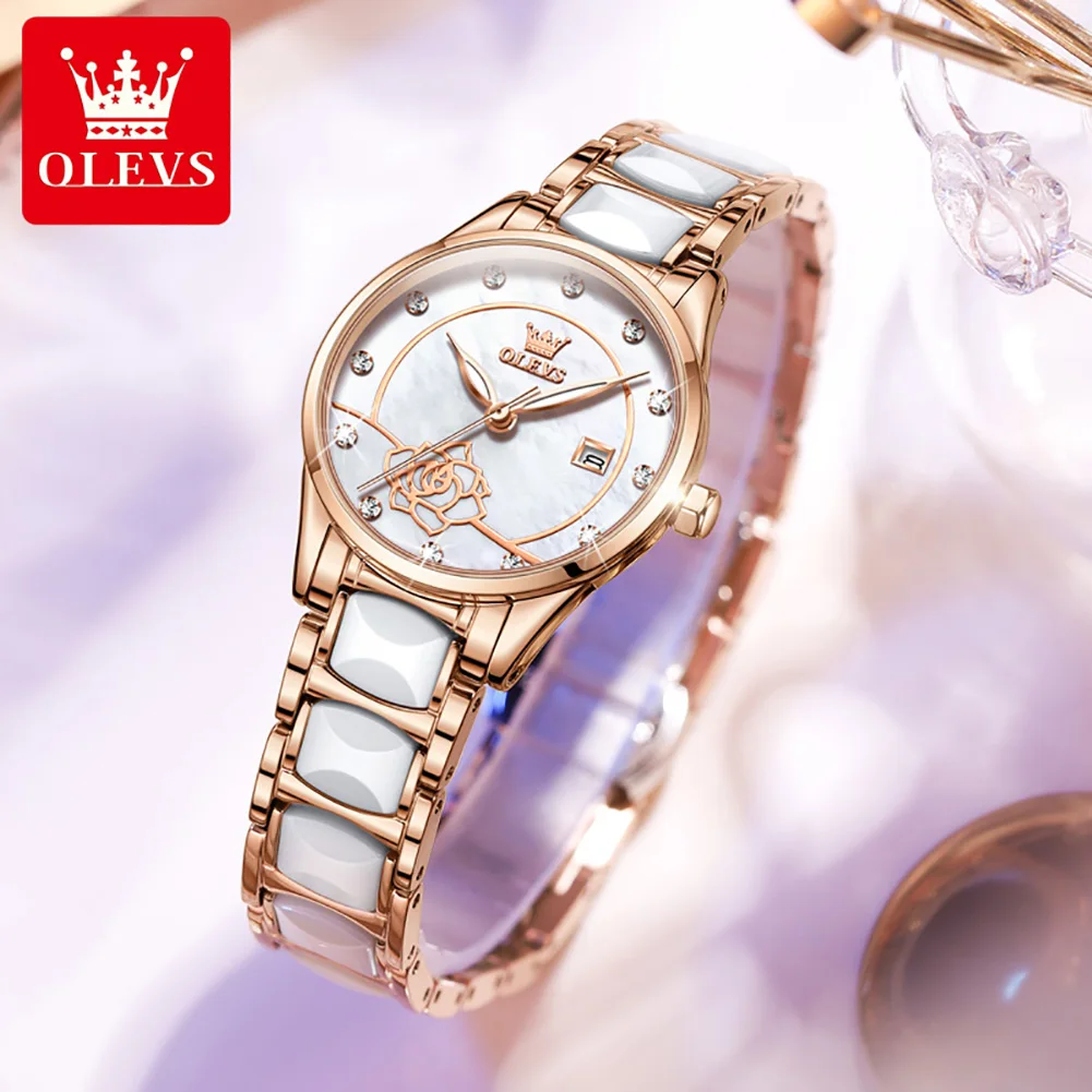 OLEVS 2022 New Fashion Calendar Set Diamond British Movement Ceramic Quartz Women's Watches Camellia Waterproof Luminous Watches