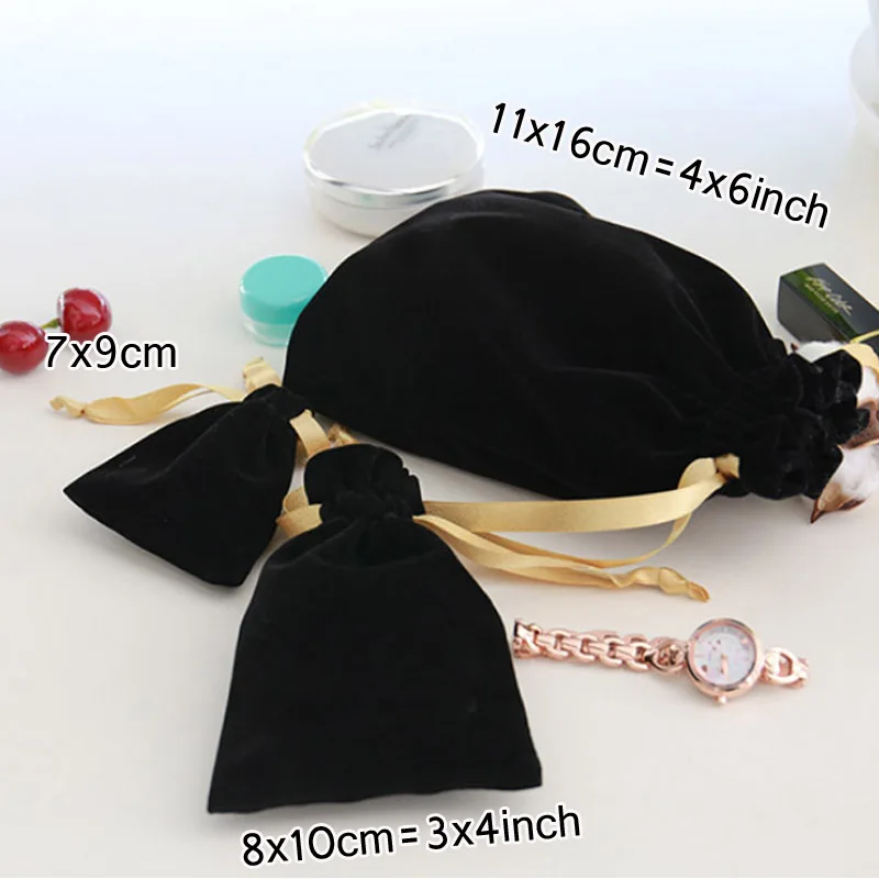 Черные бархатные подарочные сумочки золотой лентой 7x9 см 8x10 11x16 18x22 в упаковке 50