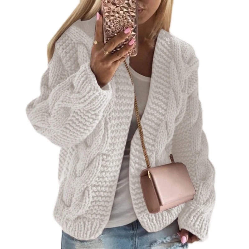 

Women Chunky Cable Twist Knit Cardigan Solid Color Open Front Loose Sweater Coat 83XF