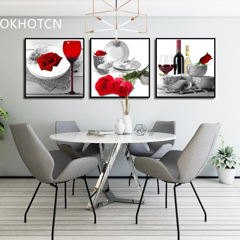 Classic Red Flower Wine Prints Home Decor Nordic Canvas Painting Wall Art Picture Living Room |