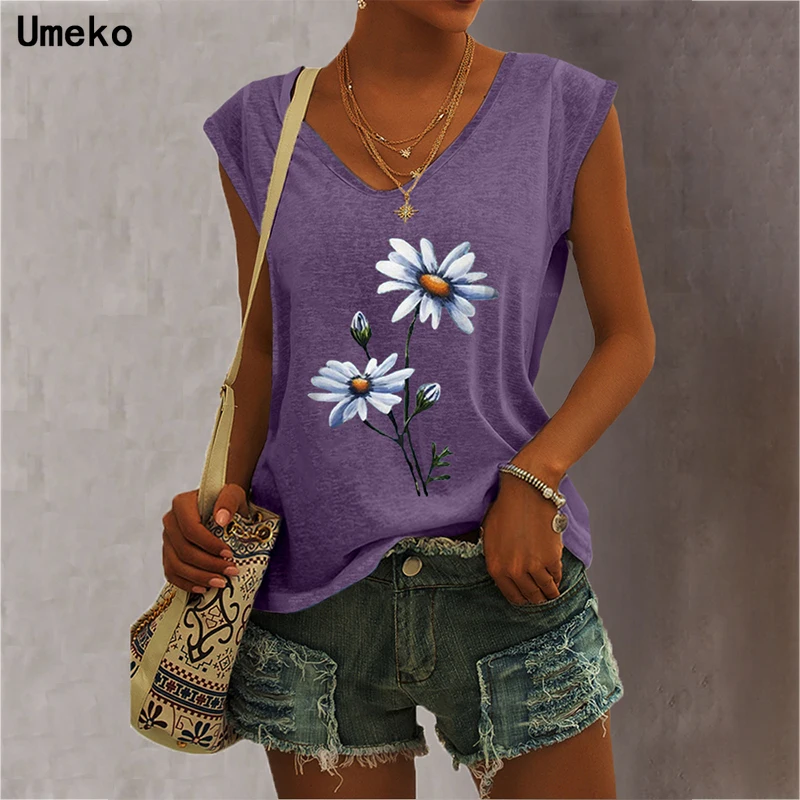 

Women 2021 Summer Camisole Vogue Sunflower Print T-Shirts Streetwear Harajuku Casual Sleeveless Large Size Summer Blue