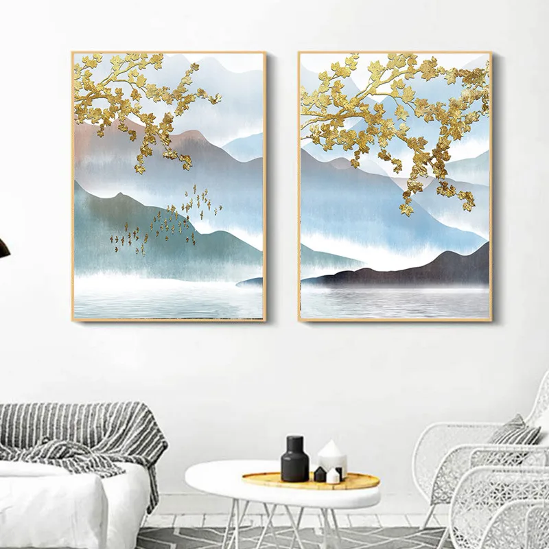 

Art Painting Scenery Canvas Painting Lakeside Gold and Light Blue Poster Wall Art Decoration for Bedroom Living Room Wall