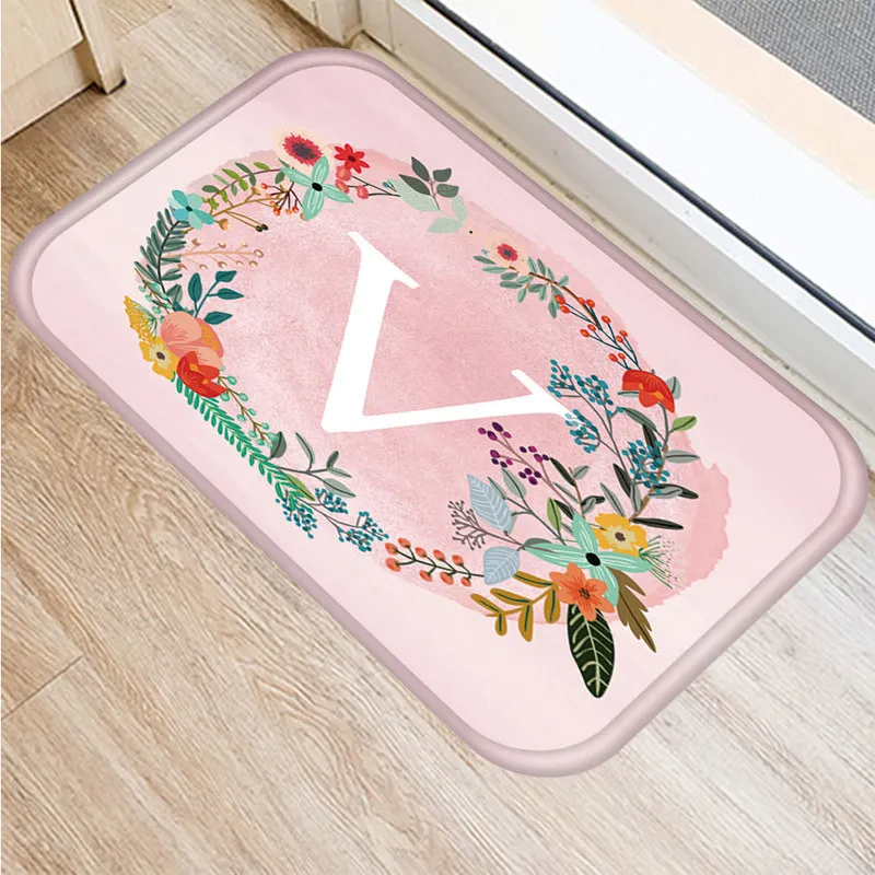 Розовый с цветочным и буквенным для кухонной входной двери коврик из бархата