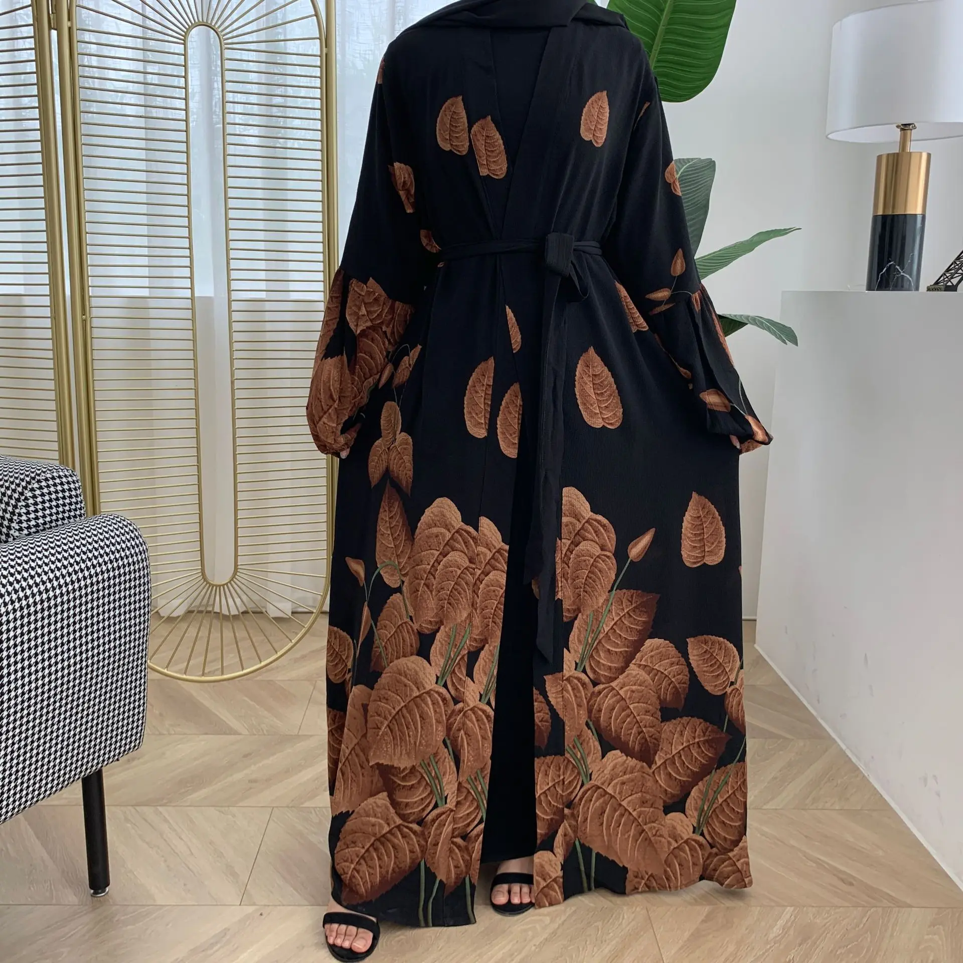 

Print Chiffon Dubai Abaya Muslim Women Long Lantern Sleeve Open Front Abaya Kimono Cardigan Arab Turkey Modest Hijab Dress Robe