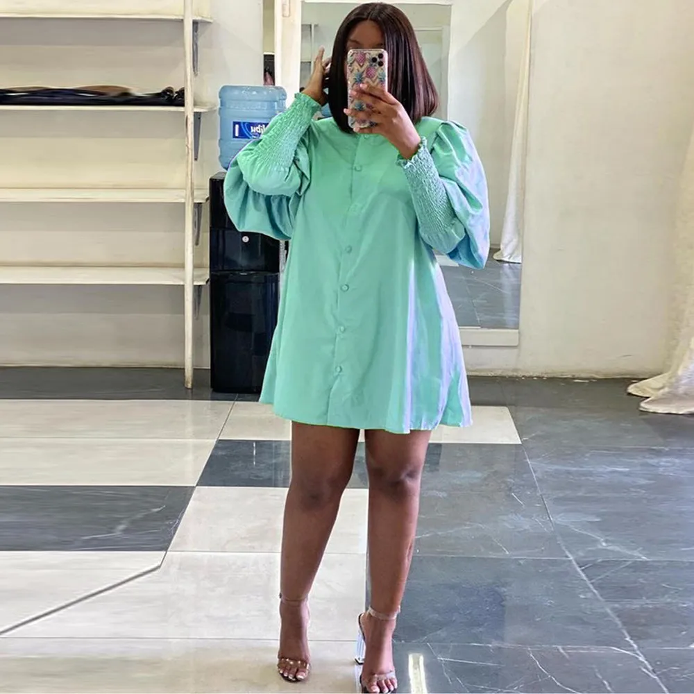 

Black White Green Women Homewear Shirt Dress Autumn Ruched Puff Long Sleeve Blouse Dresses Chic Female Single-breasted Vestido