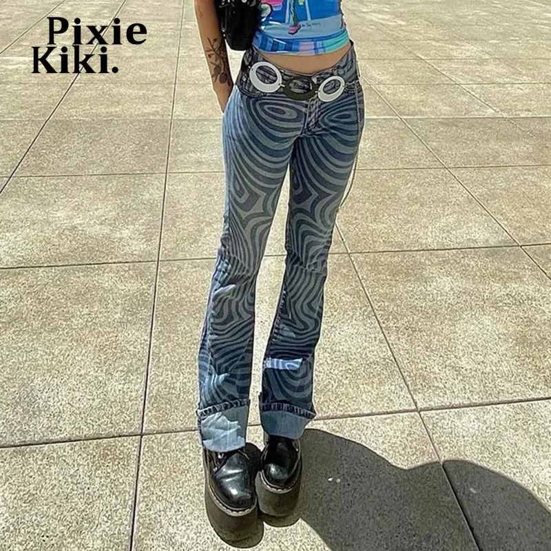 

PixieKiki Water Ripple Printed Strechy Low Rise Jeans Streetwear Women Blue Denim Trousers Y2k Pants Vintage Clothes P84-EZ65
