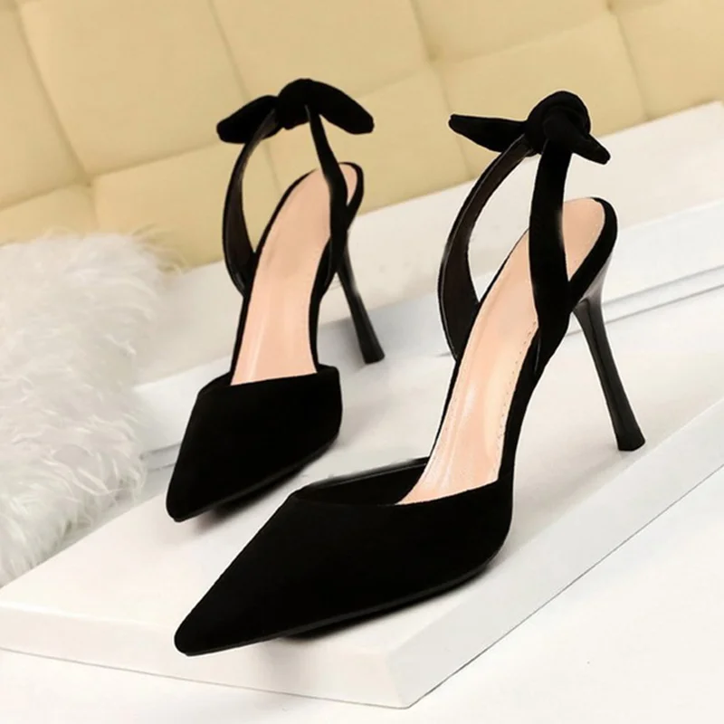 Boussac Elegant Bowtie Slingback High Heel Women Pumps Sexy Pointed Toe High Heels Ladies Shoes Suede Thin Heel Party Shoes B233 - Цвет: black
